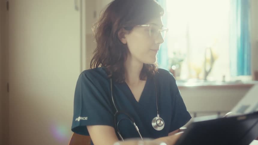 A female doctor in scrubs works remotely from her sunlit kitchen, thoughtfully reviewing medical data on a tablet