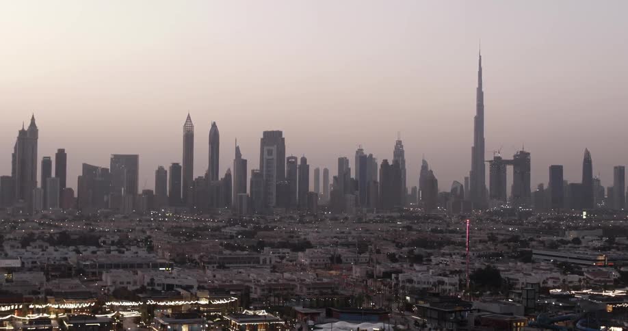 A city skyline at dawn