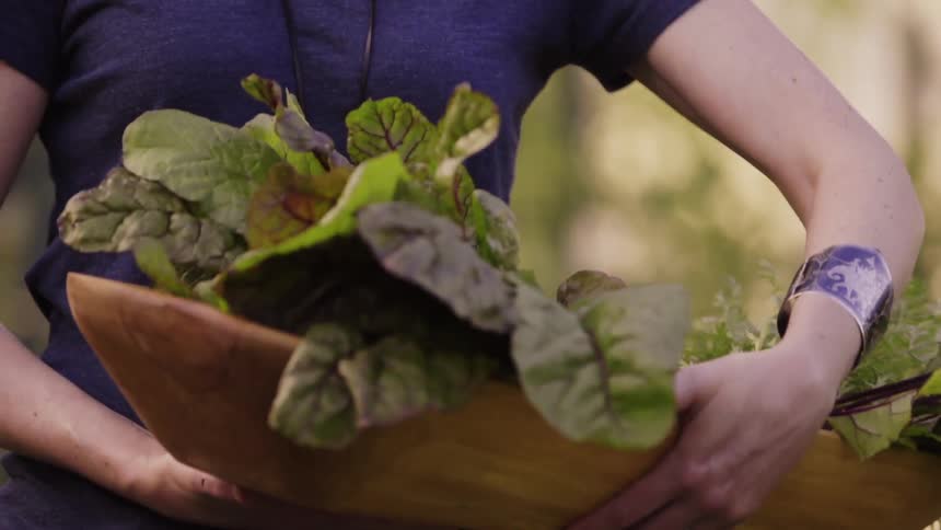 Woman with a large bowl full of leafy vegetables outdoors