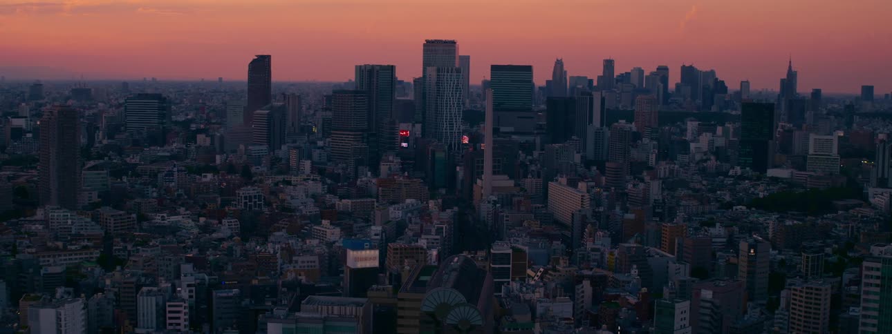 A stunning time-lapse captures the transition from a beautiful pink and orange sunset to the glowing lights of the Tokyo city skyline at night