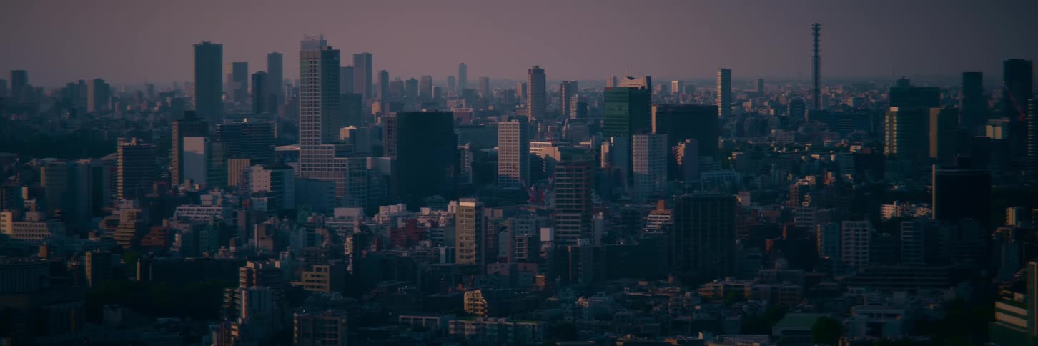 A static, wide shot of a sprawling urban cityscape with many buildings under a hazy sky at sunset