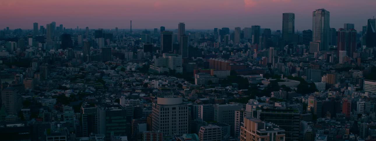 A wide, static view of a sprawling cityscape with skyscrapers at dusk as the sky glows pink and purple