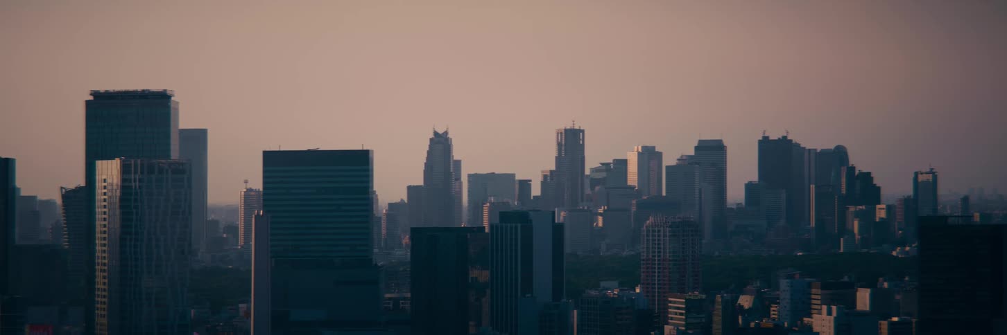 A static wide shot of a hazy city skyline with towering skyscrapers during a warm sunset