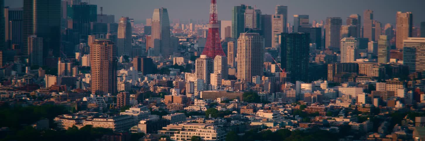 A static wide shot of the iconic Tokyo Tower standing tall amidst the sprawling city skyline during a beautiful golden hour sunset