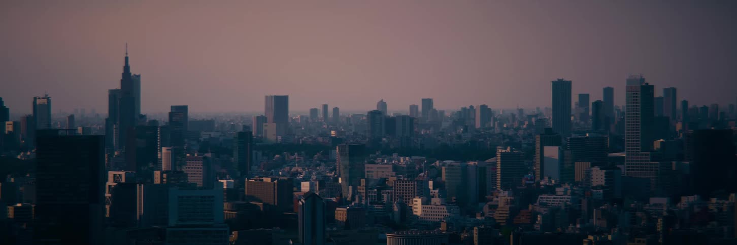 The sprawling skyline of a large metropolis stands still under a hazy, purple-hued sky at twilight