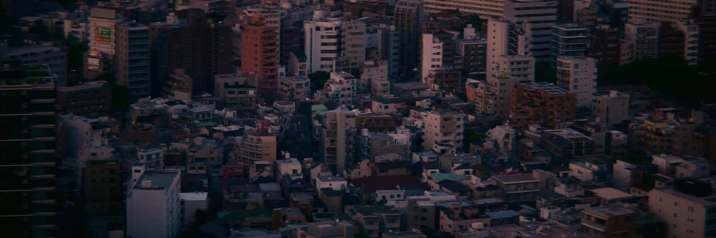 A soft-focus, high-angle shot captures the dense urban sprawl of a city at dusk