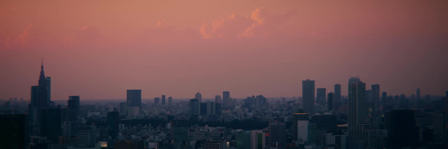 An expansive view of a modern city skyline with towering skyscrapers under a warm, pink-hued sunset