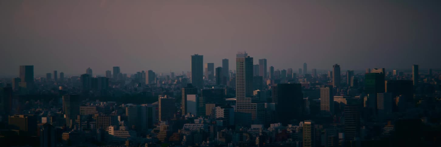 A static wide shot of a hazy metropolitan skyline with numerous skyscrapers during a warm sunset