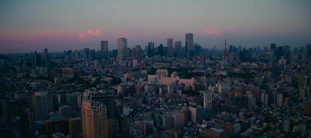 An epic wide shot of the sprawling Tokyo city skyline as the sun sets, casting a serene, warm glow over the urban landscape
