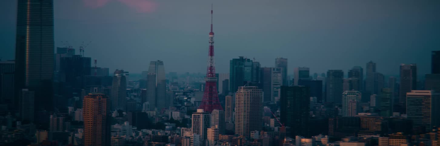 A serene, static wide shot captures the iconic Tokyo Tower and the surrounding cityscape at dusk