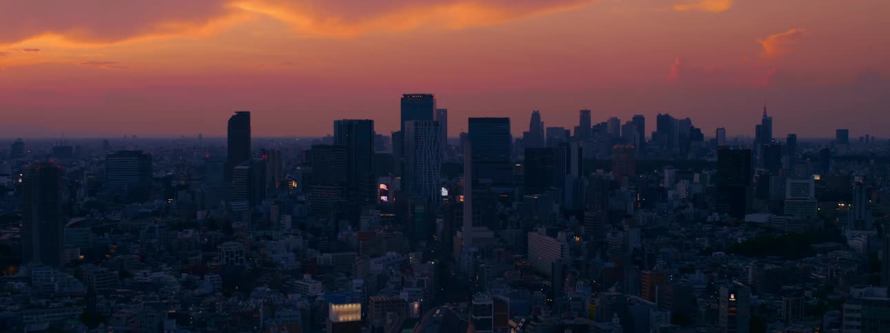 Wide static shot of the bustling Tokyo, Japan city skyline with glowing lights in the buildings at sunset