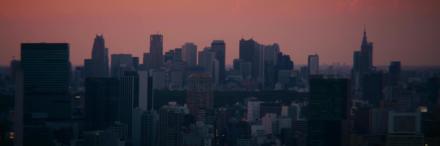 The sprawling skyline of a modern metropolitan city is silhouetted against a beautiful pink sky at sunset