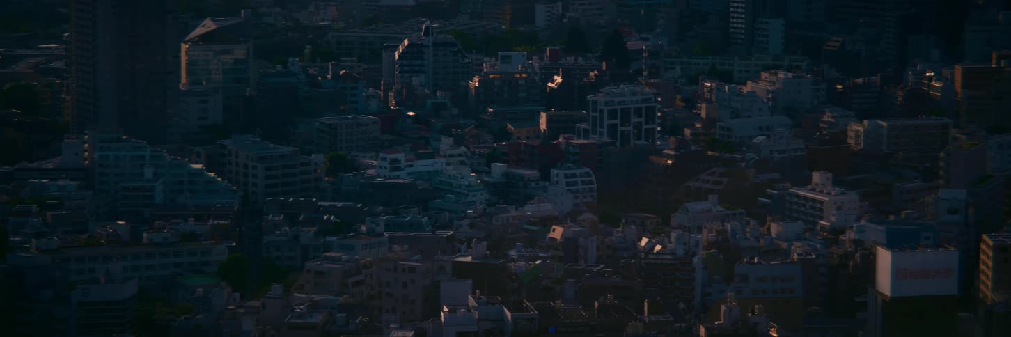 A tranquil high-angle shot captures the sprawling, dense cityscape of Tokyo as it settles into the quiet twilight