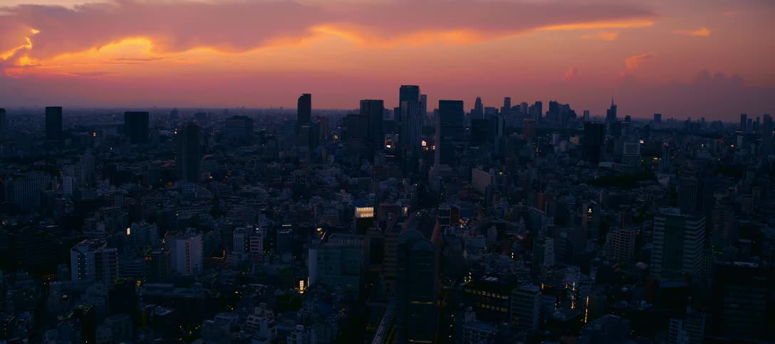 A serene, wide shot captures the sprawling city skyline of a metropolis at dusk under a beautiful, colorful sunset