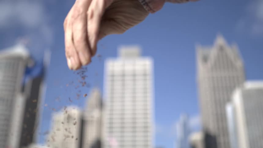 A person's hand sprinkles fertile soil downward in slow motion against a backdrop of a modern city skyline