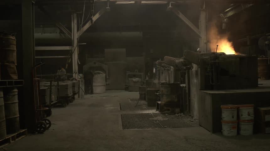 A panning shot reveals a dark, industrial metal foundry with a fiery furnace at its center