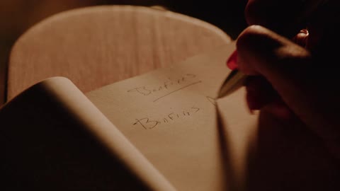 Close up of a woman's hand with red nails writing song lyrics about bonfires in a notebook by warm light