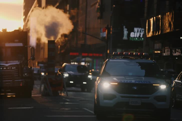 Cinematic slow-motion close-up of an NYPD police car with flashing lights driving down a New York City street at golden hour