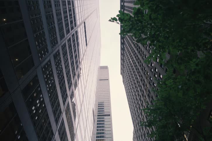 A slow dolly back from a low-angle view of towering city skyscrapers with lush green trees in the foreground against an overcast sky