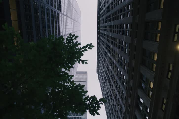 A slow, low-angle tracking shot reveals towering city skyscrapers from behind green tree leaves on a cloudy day