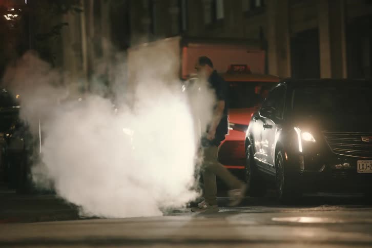 Steam billows from a city manhole at night, illuminated by car headlights as people walk and cycle by in slow motion