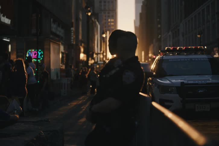 Two silhouetted police officers stand watch and share a brief embrace on a crowded city street during a dramatic golden hour sunset