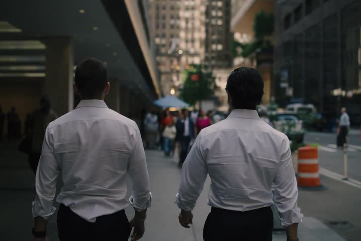 A slow-motion tracking shot from behind follows two businessmen in white shirts as they walk and talk down a city sidewalk