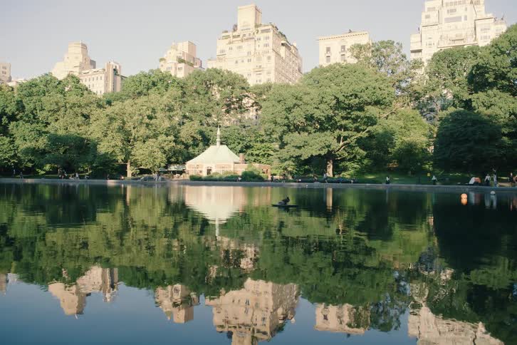 A serene summer day at a pond in New York City's Central Park where the surrounding trees and skyscrapers reflect on the calm water