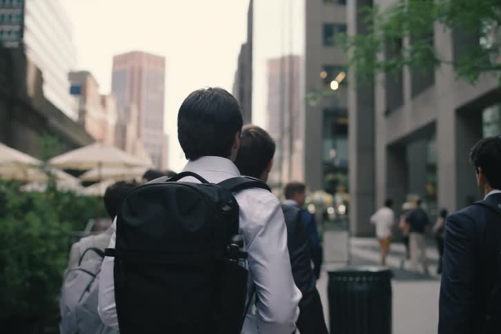 Following a group of young professionals in business attire as they walk through a bustling city street in slow motion