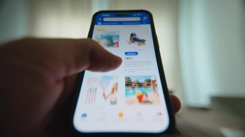 A point-of-view close-up of a person scrolling through a retail shopping app on their smartphone, browsing a variety of products