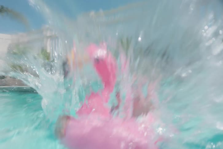 A young girl in goggles and a swimsuit jumps into a pool with a flamingo floaty in slow motion