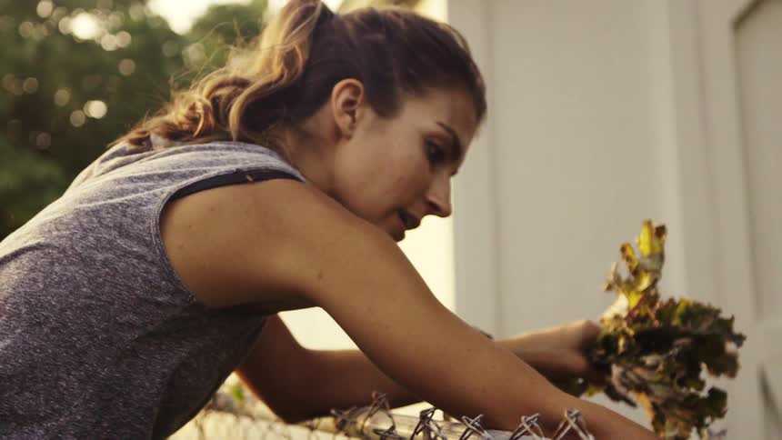 A woman is leaning over a fence