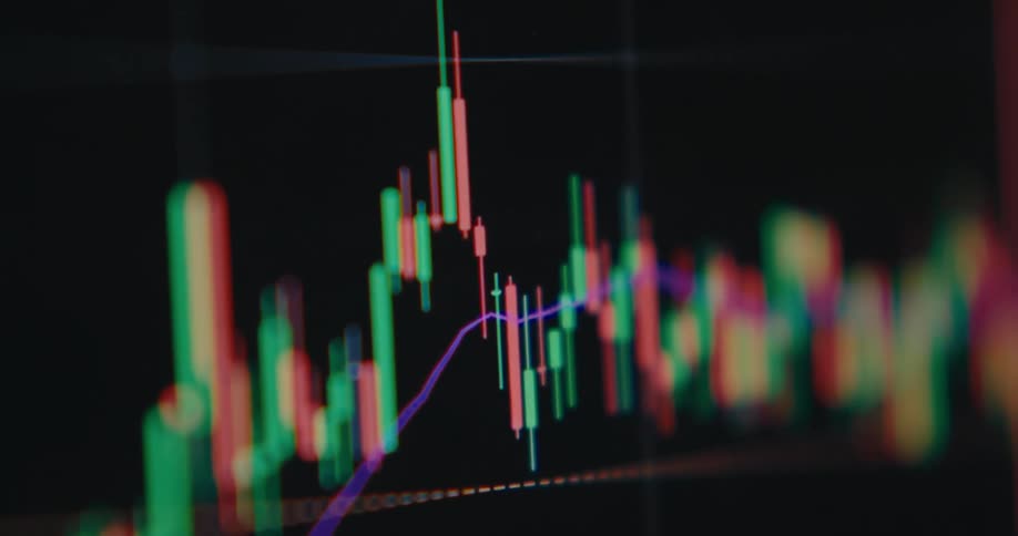 A close-up, shallow depth of field shot of a colorful candlestick graph displaying fluctuating financial market data on a screen