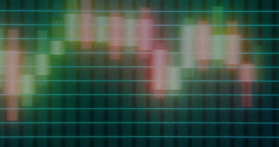 A colorful, stylized animation of a financial candlestick chart displays market volatility on a digital grid