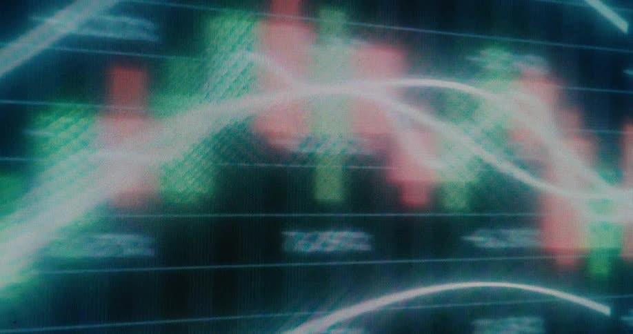 Stylized, soft-focus animation of a stock market or cryptocurrency trading chart with fluctuating data and glowing lines