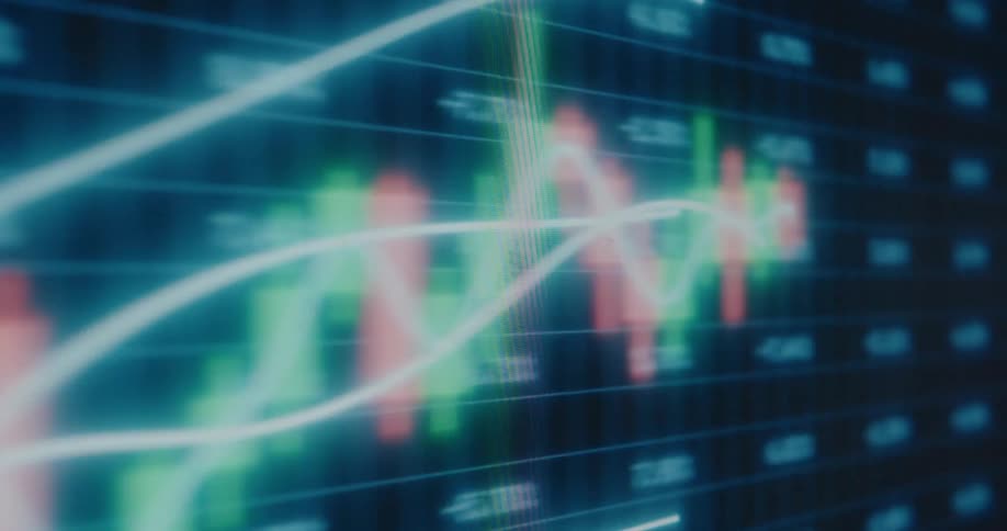 An abstract, out-of-focus animation of a digital stock market chart shows fluctuating data and glowing trend lines