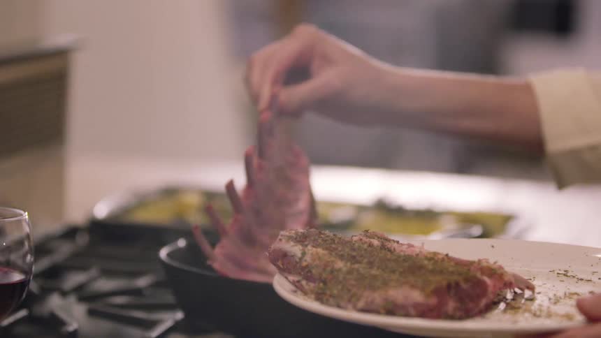 Meat is cooked on a gas stove