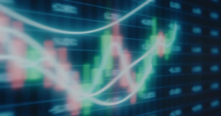 A close-up, out-of-focus animated financial chart shows fluctuating stock market data with glowing lines and candlestick patterns