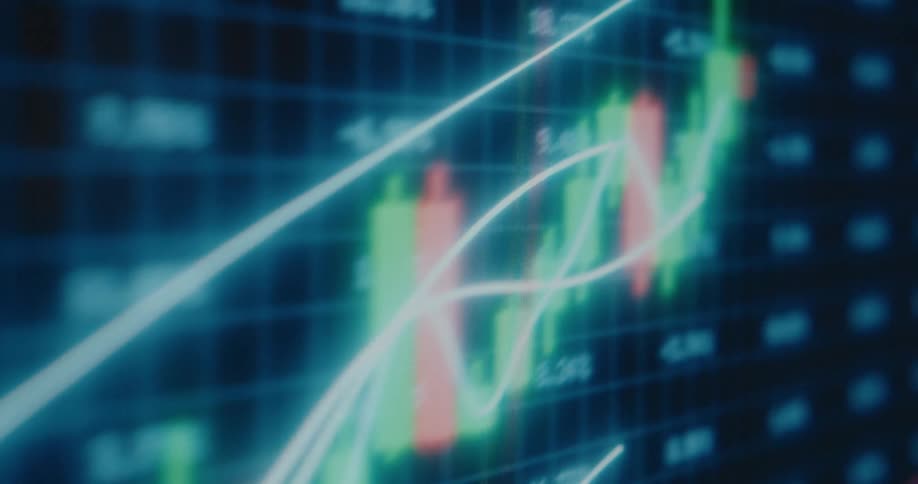 A stylized, out-of-focus close-up of a digital stock market chart showing fluctuating data with glowing lines