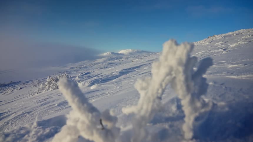 A cinemagraph shows fog drifting over a vast, snowy mountain landscape on a clear, sunny day, with a heavily frosted branch in the foreground