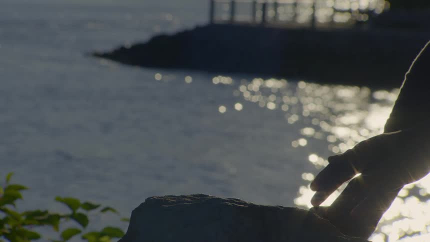 A silhouetted hand gently rests on a rock by the glistening water's edge in slow motion