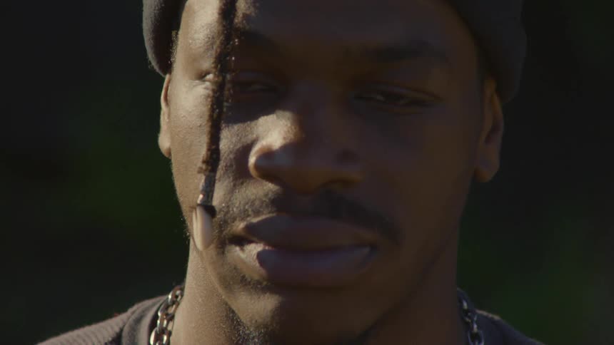 Close-up portrait of a thoughtful young Black man with a braided lock of hair looking into the camera in natural light