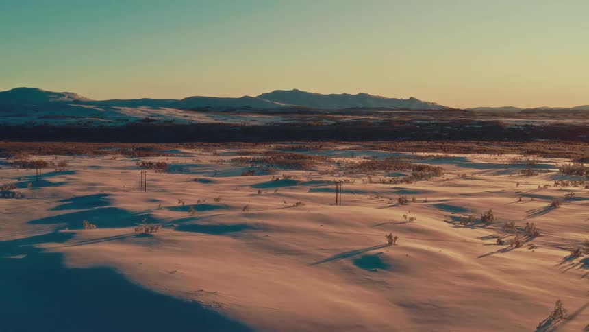 A herd of reindeer roams across a vast snowy landscape with distant mountains during a beautiful sunset in this serene aerial shot