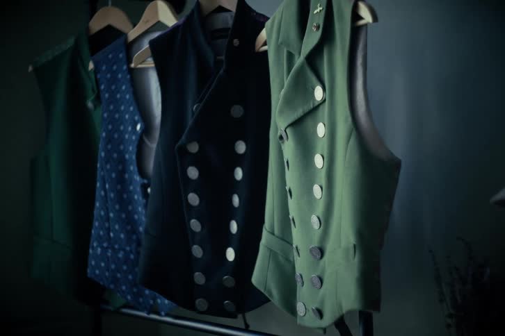 A collection of vintage, double-breasted vests hanging on a clothing rack in a dimly lit room