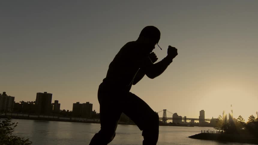 A man's silhouette is frozen in a boxing stance against the warm glow of sunset over a city skyline and river