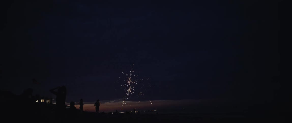 Silhouettes of people on a beach watch a slow-motion fireworks display illuminate the night sky