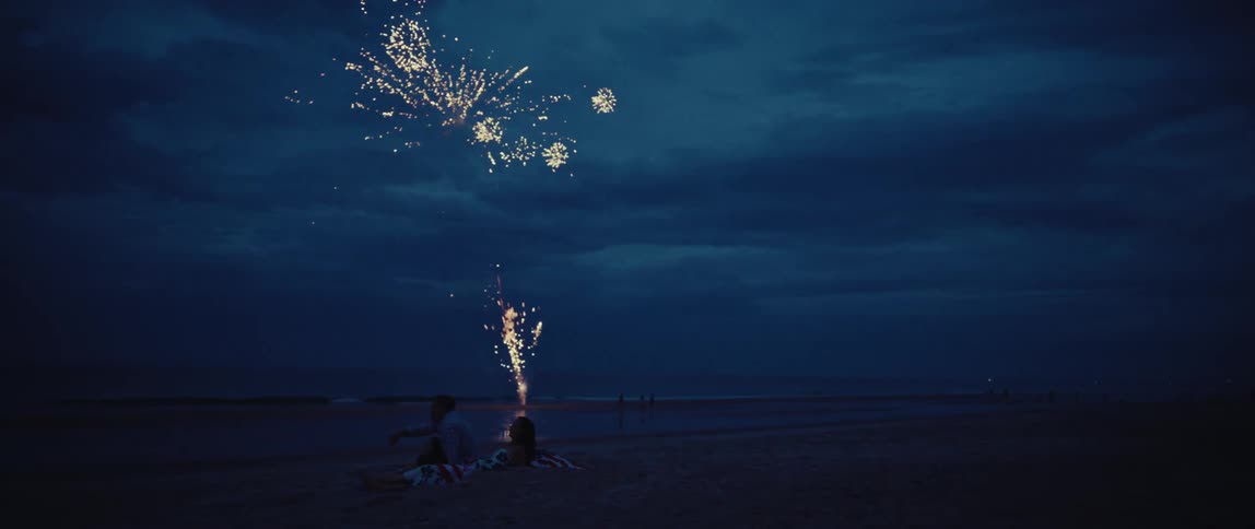 A romantic couple sits on a sandy beach at night, watching a beautiful fireworks display over the ocean