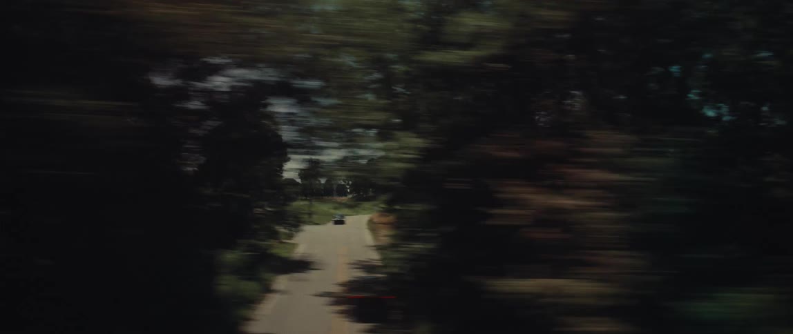 A moody point-of-view shot from a moving vehicle captures the dark, blurry motion of trees passing by a window