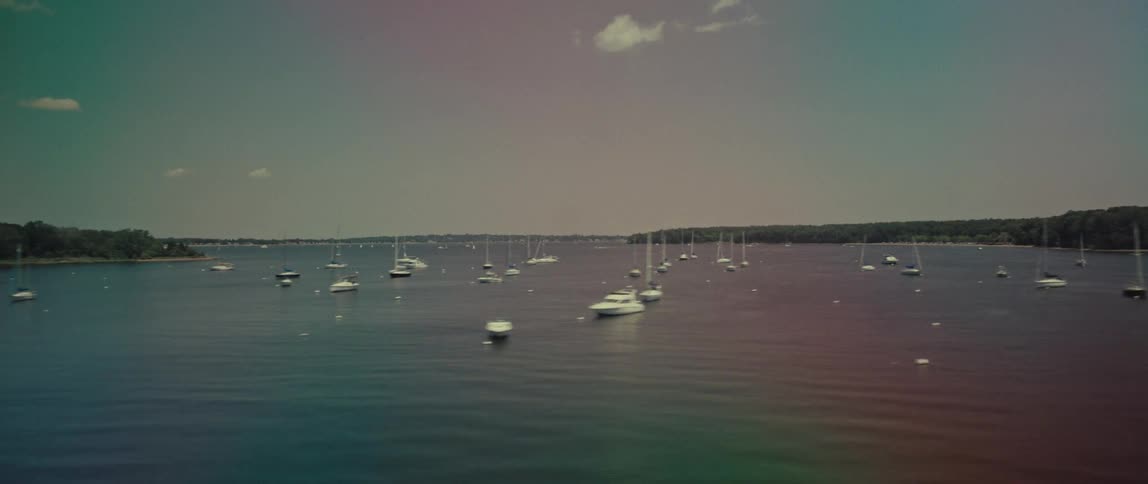 A dreamy, motion-blurred view from a moving vehicle captures a sunny day at a coastal harbor filled with sailboats and yachts