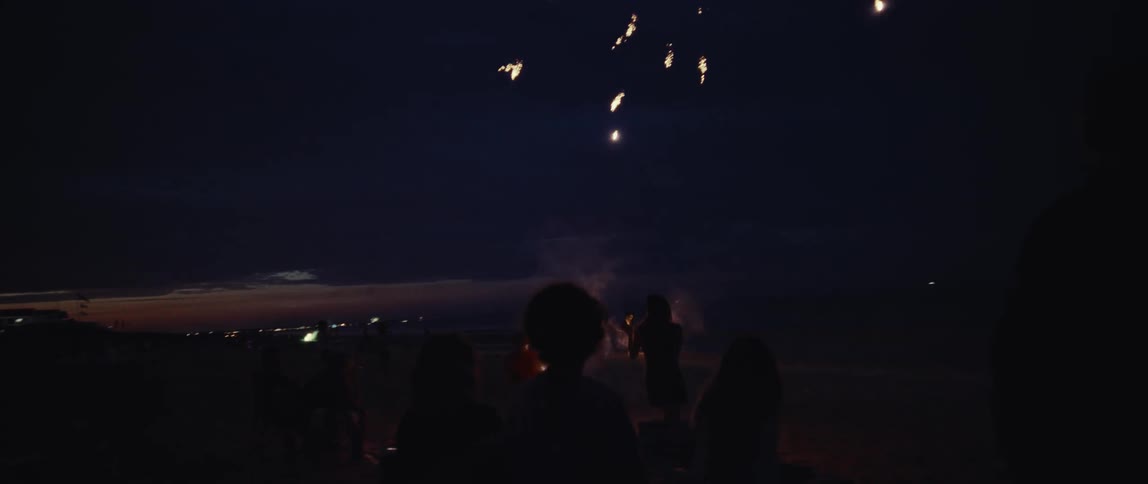 A group of people are silhouetted on a beach at night as they watch a colorful fireworks display